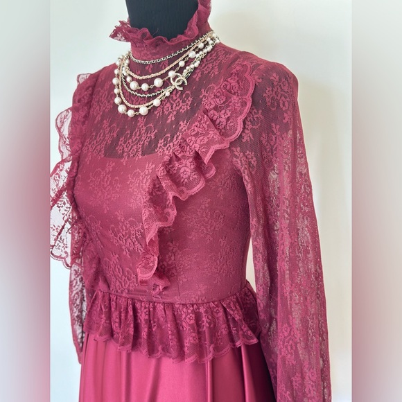Vintage 70s Maroon Victorian Prom Dress Ruffle Maxi Lace Silky Disco Queen Small - Picture 2 of 10